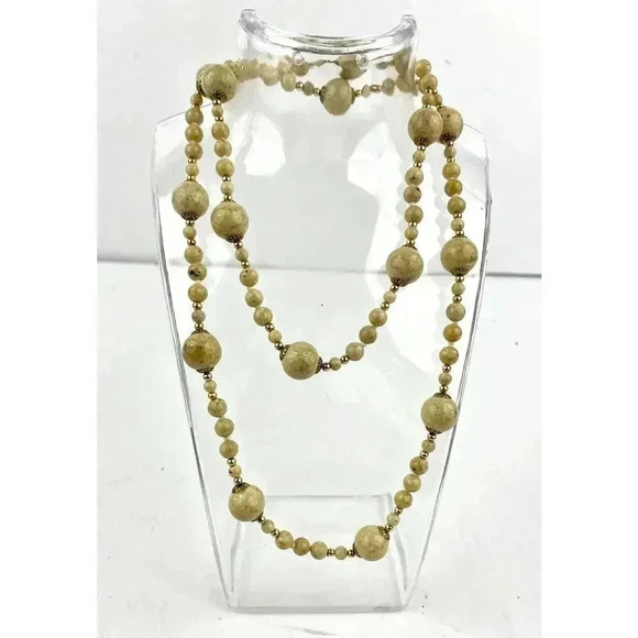 Natural Stone Beige Beaded Necklace 31" Long Various Size Beads - Picture 12 of 12